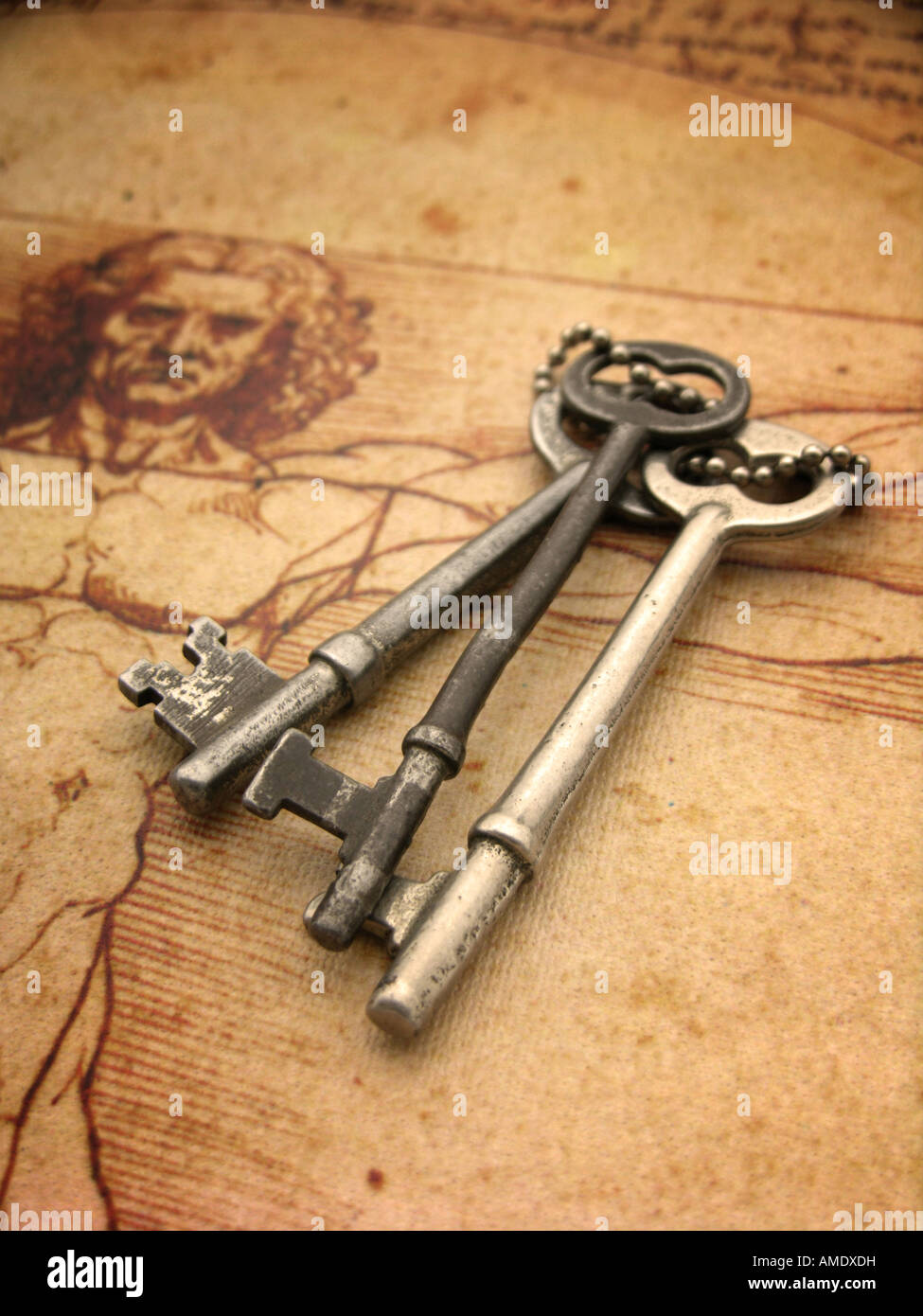 Fausses clefs antiques et Homme de Vitruve de Da Vinci Banque D'Images