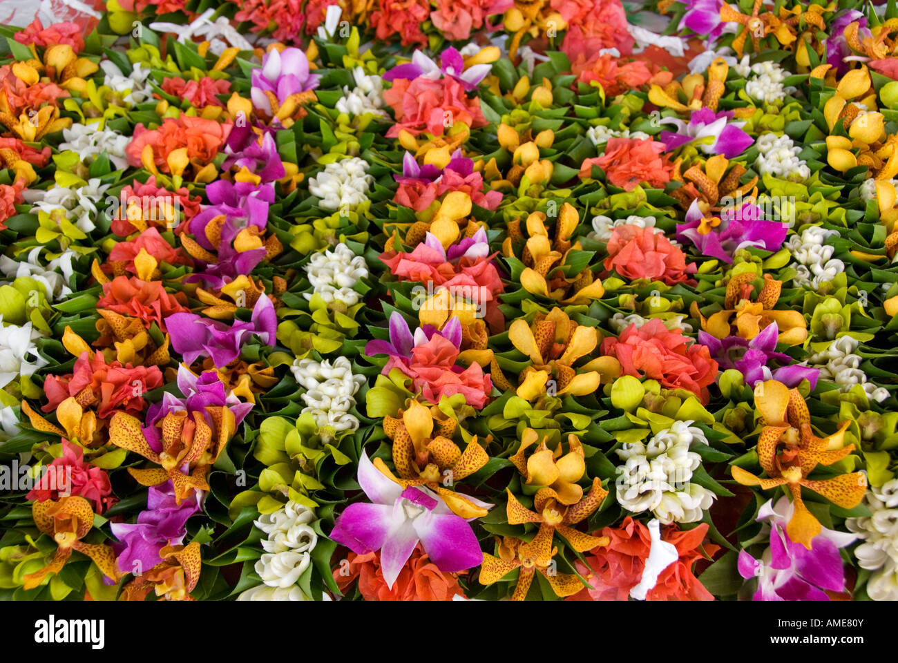 Tahiti, Polynésie française. Colliers de fleurs et des couronnes sur  l'écran près du marché de Papeete Photo Stock - Alamy