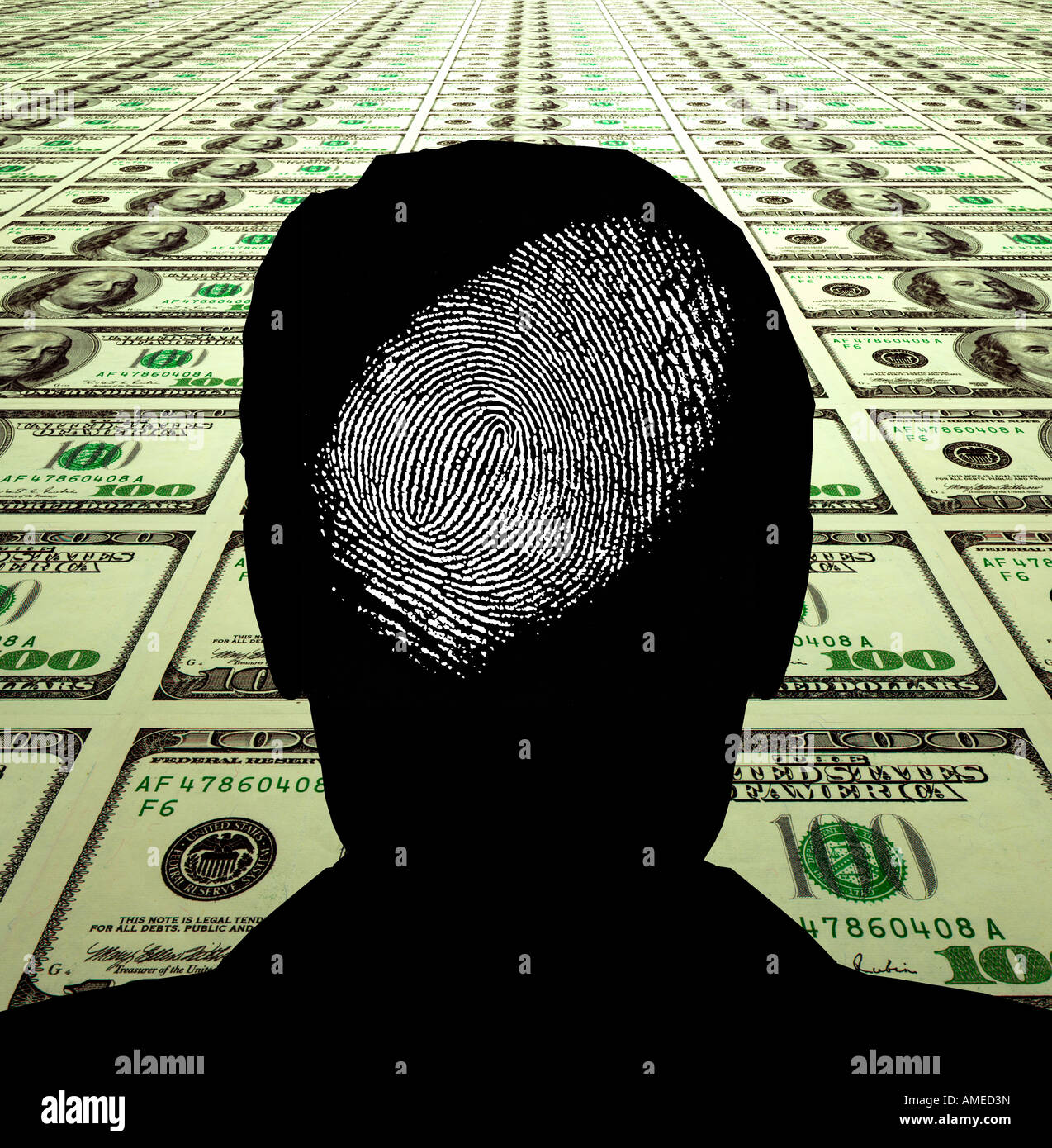 Abstract silhouette de l'homme l'impression de doigt sur domaine de sol carrelé de 100 $ Banque D'Images