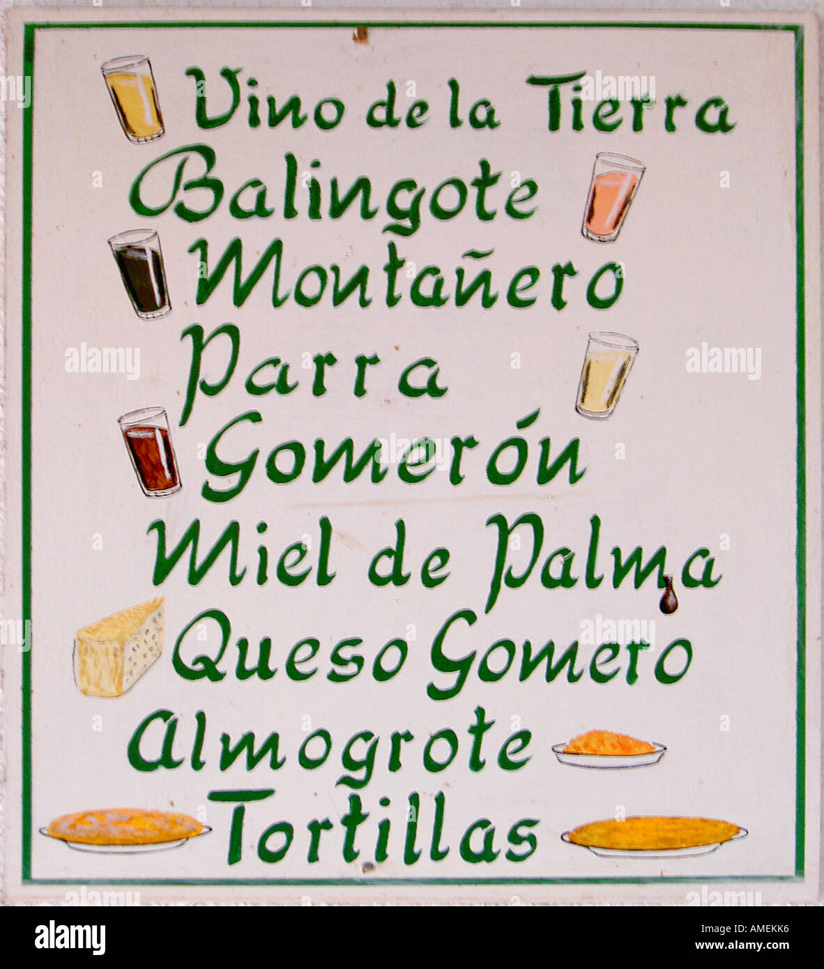 Panneau de menu au café à El Cedro, dans le Parc National de Garajonay sur l'île de La Gomera dans les canaries, espagne. Banque D'Images