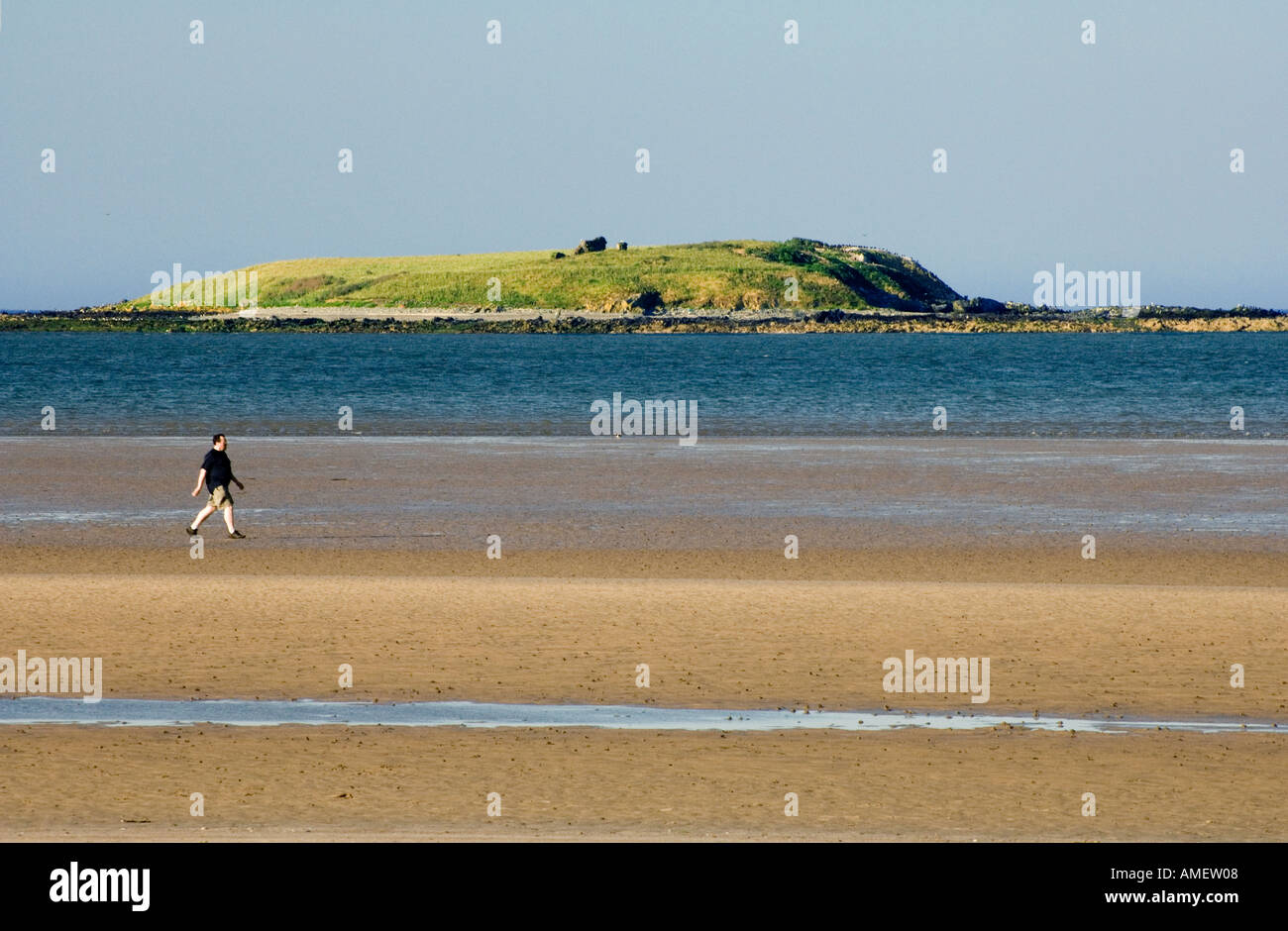 Un homme marche la plage à Skerries County Dublin Irlande avec Saint Patricks island dans l'arrière-plan Banque D'Images