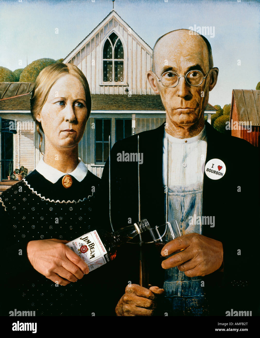 "American Gothic" (pastiche de peinture avec les mains ajouté, bouteille et verre etc) pour l'éditorial sur Bourbon Banque D'Images