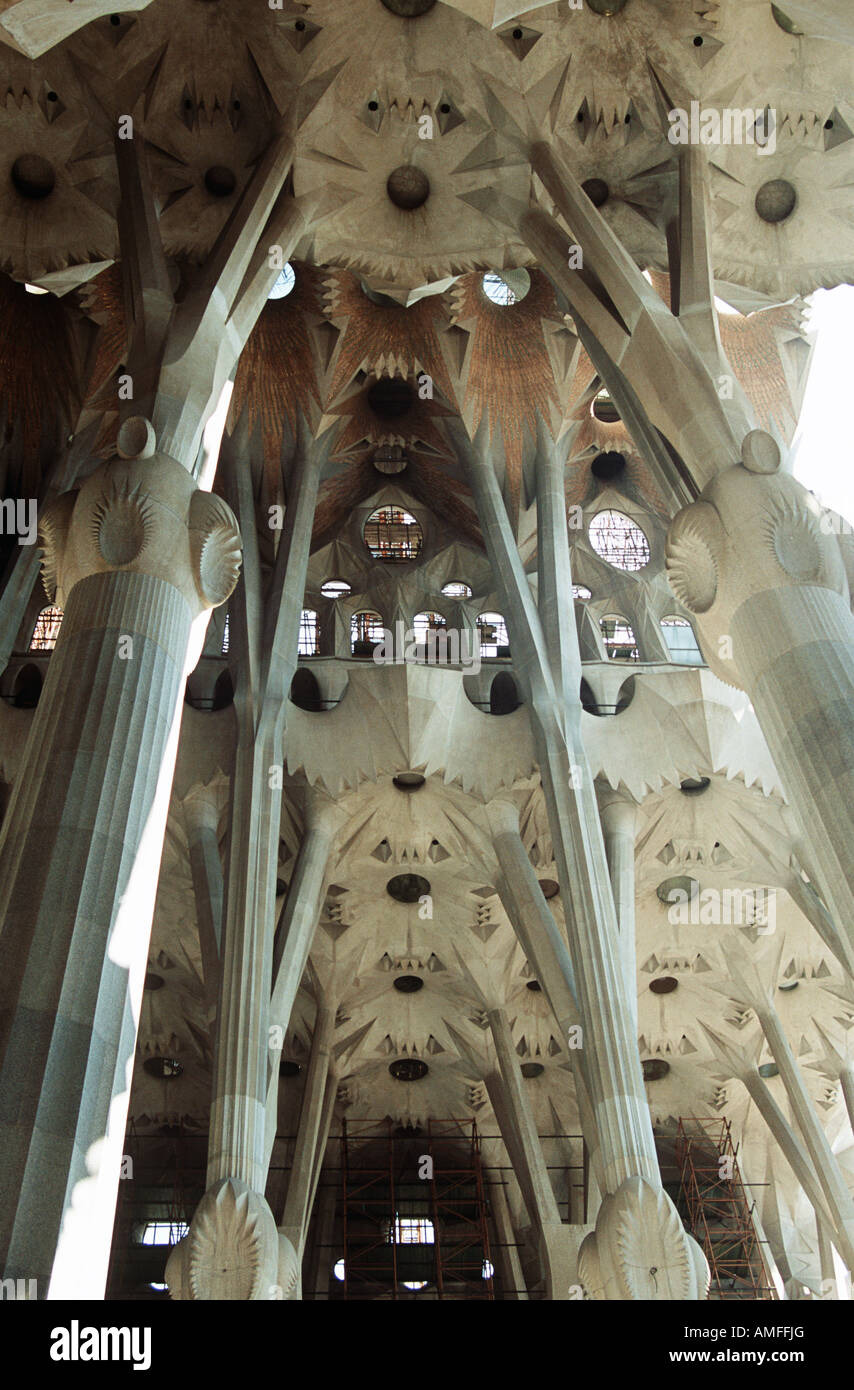 Intérieur de la Sagrada Familia, en construction, Barcelone, Espagne Banque D'Images