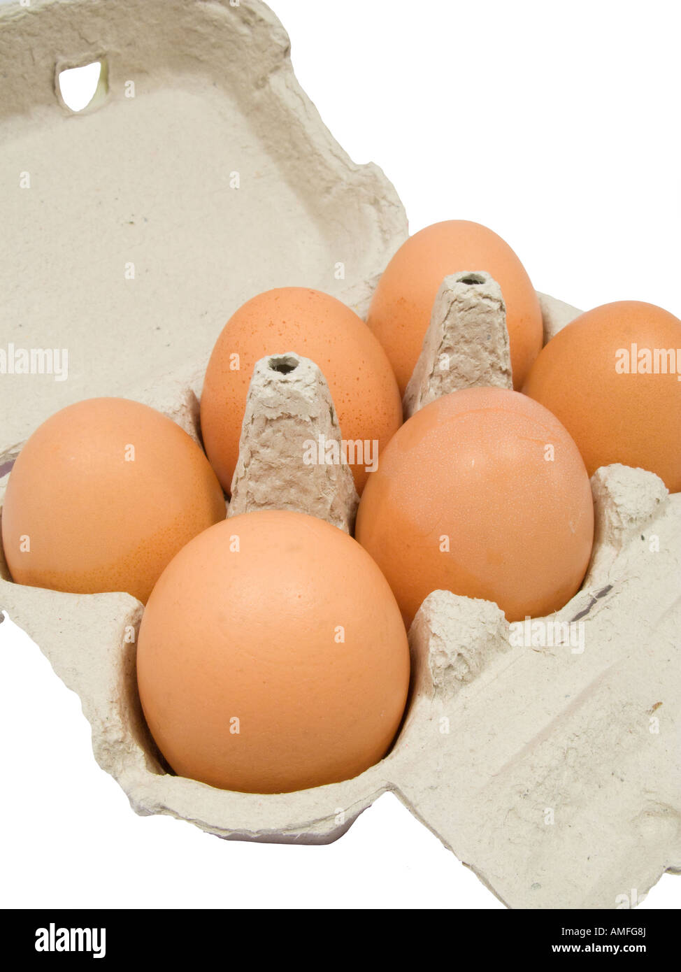 Demi-douzaine d'œufs frais dans la case faite de papier recyclé Banque D'Images