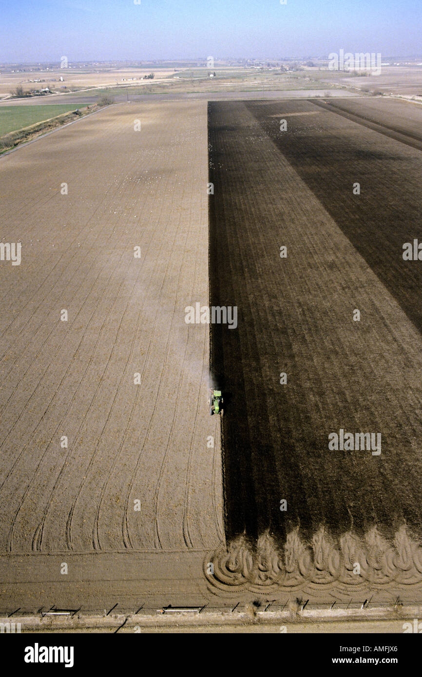 Vue aérienne du champ de labour du tracteur en comté de Canyon, Arizona. Banque D'Images