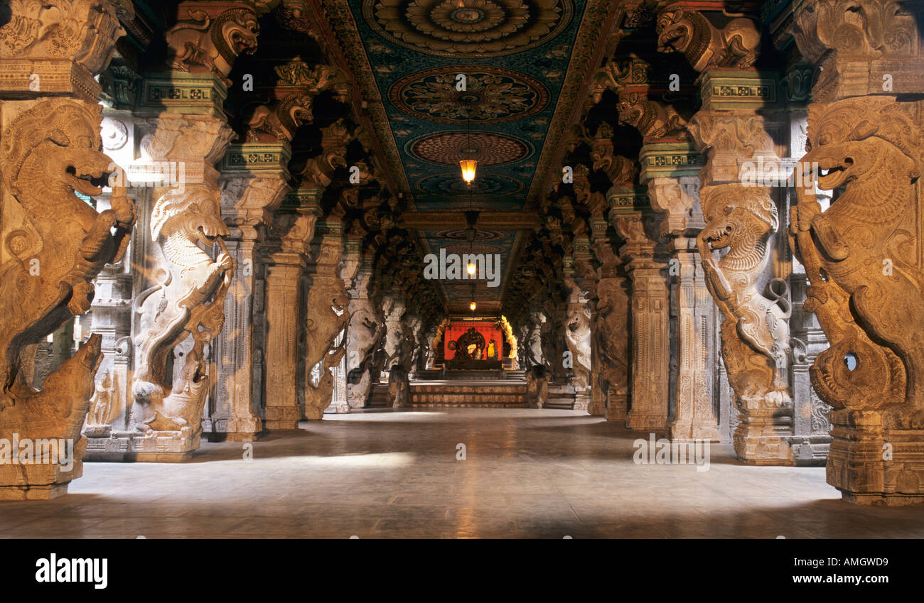 Hall d'un mille piliers temple de Minakshi Madurai Inde Banque D'Images