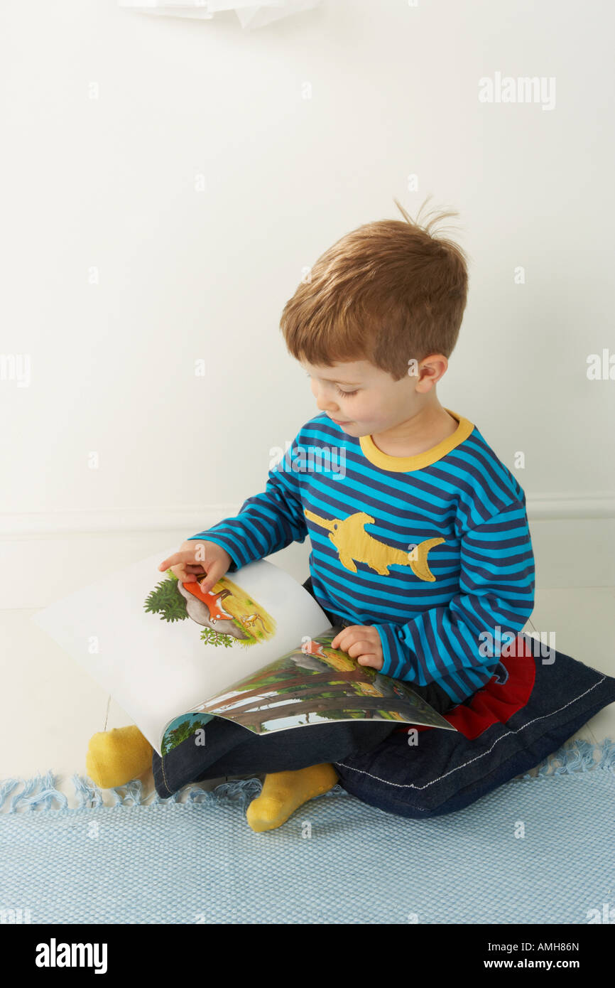 Garçon est assis sur un coussin sur le sol et des points d'une image dans  son livre comme il le lit Photo Stock - Alamy