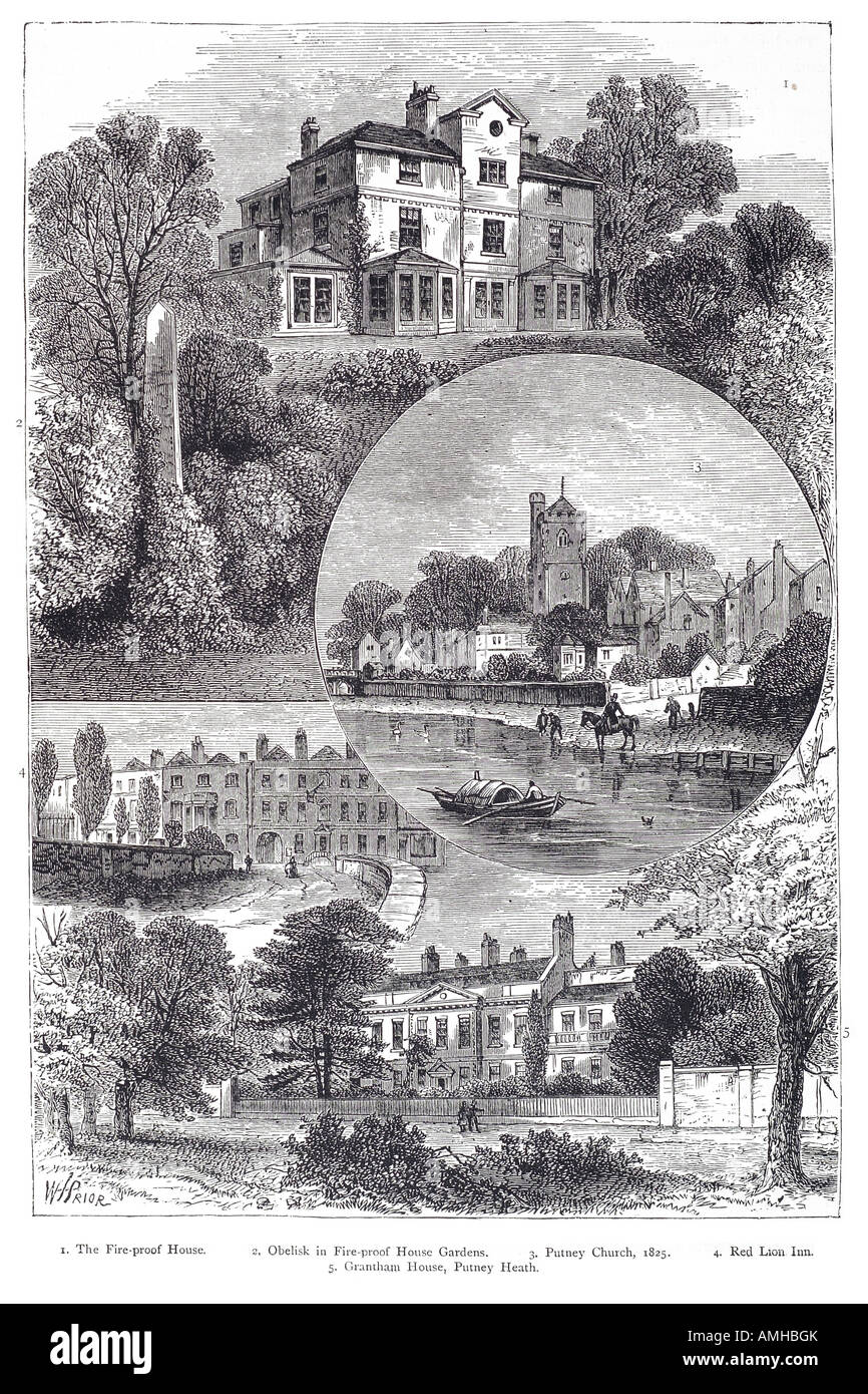 1825 Voir l'épreuve du feu dans l'obélisque de Putney maison jardin church Red Lion Inn grantham heath Londres Angleterre anglaise en capital plus Brita Banque D'Images