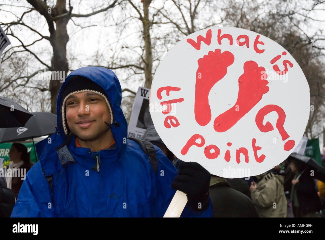'Quel est le point ?" les manifestants placard Changement climatique 8 décembre 2007 Londres mars Banque D'Images