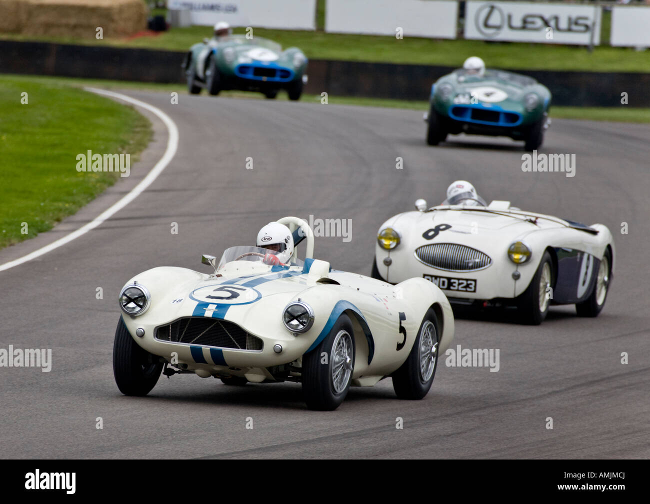 1955 Aston Martin DB3S conduit par Uri Muller mène l'Austin-Healey 100S de Stuart Graham par Madgwick à Goodwood Revival. Banque D'Images