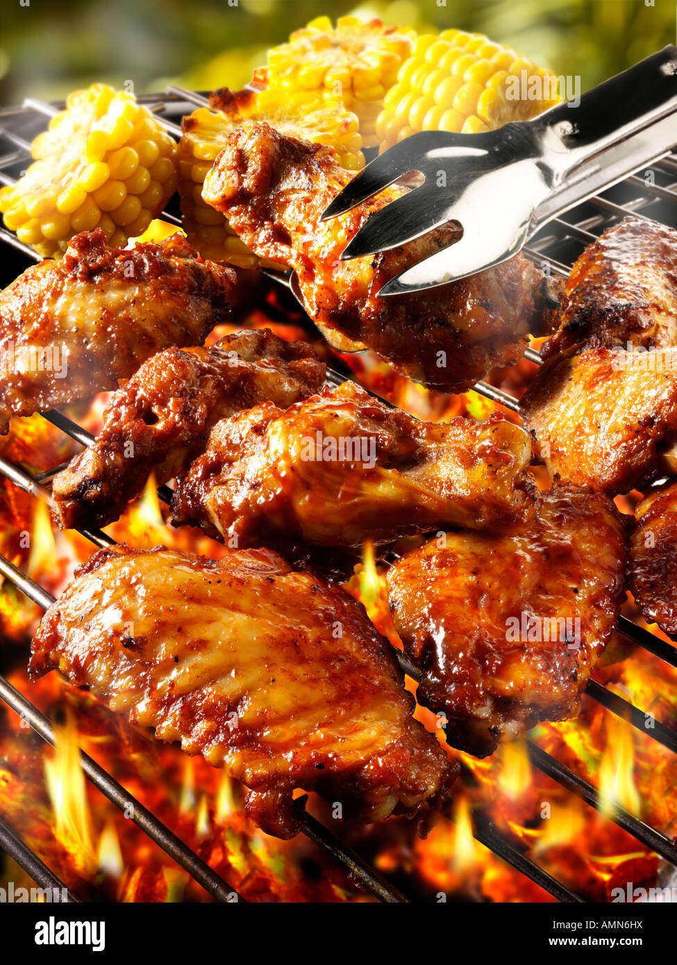 Barbecue avec des charbons ardents et organiques, les ailes de poulet épicées Banque D'Images