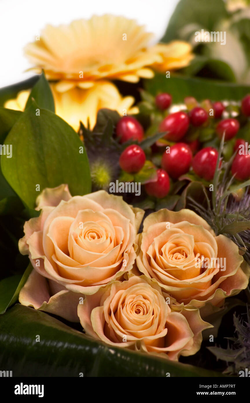 Libre de petites fleurs jaunes, roses jaunes, rouges et vert foncé feuilles en bouquet Banque D'Images