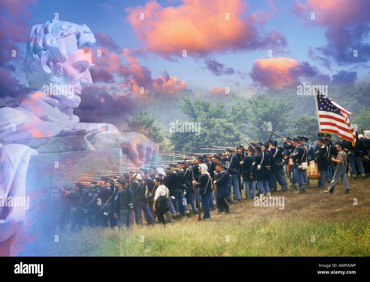 Image composite du Lincoln Memorial et de la guerre civile des soldats en plein combat Banque D'Images