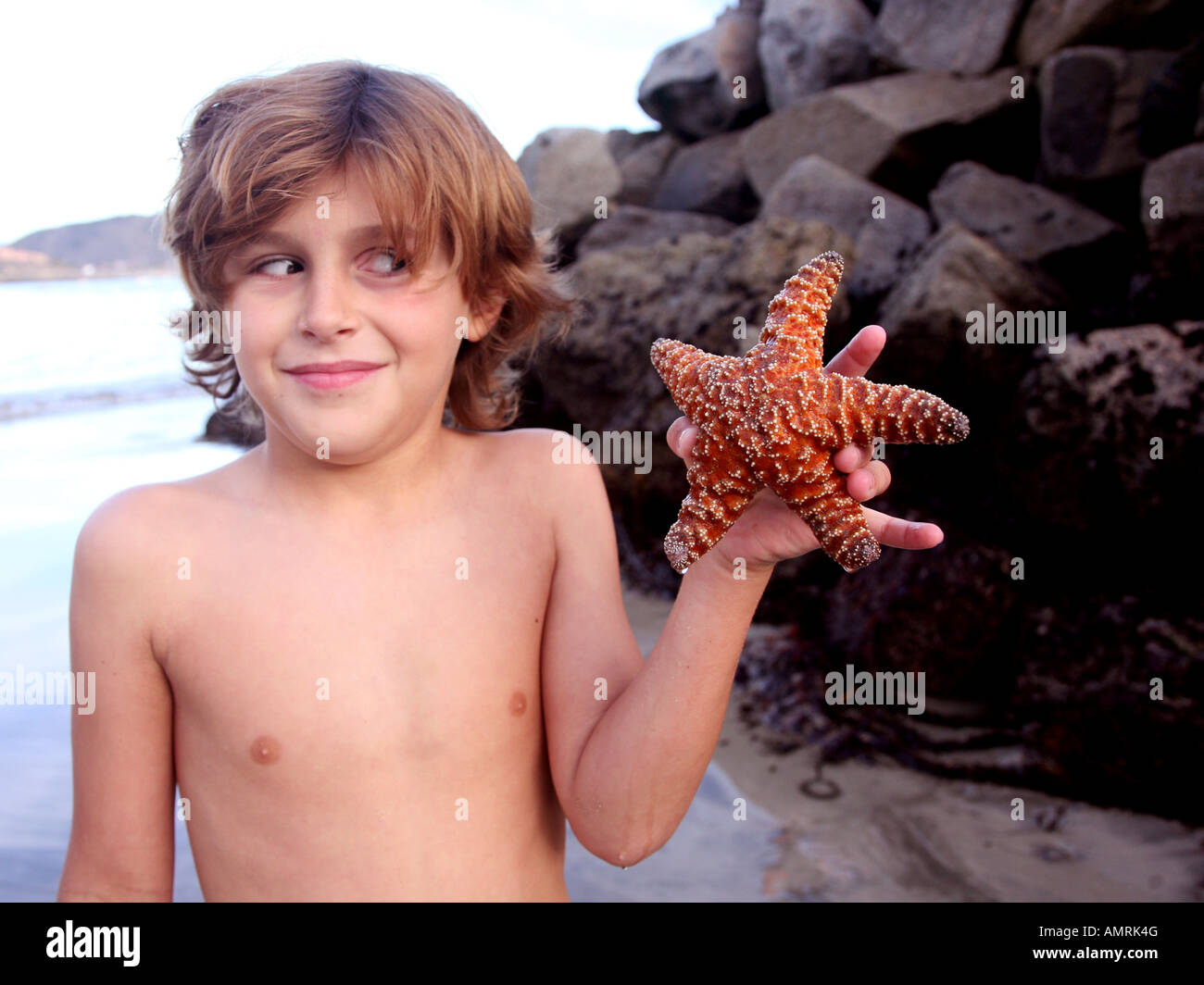 Young boy holding star fish Banque D'Images