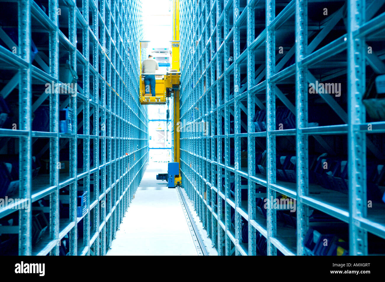 Travailleur masculin sur les chariots travaillant à l'entrepôt, Weingarten, Baden-Wurttemberg, Allemagne Banque D'Images