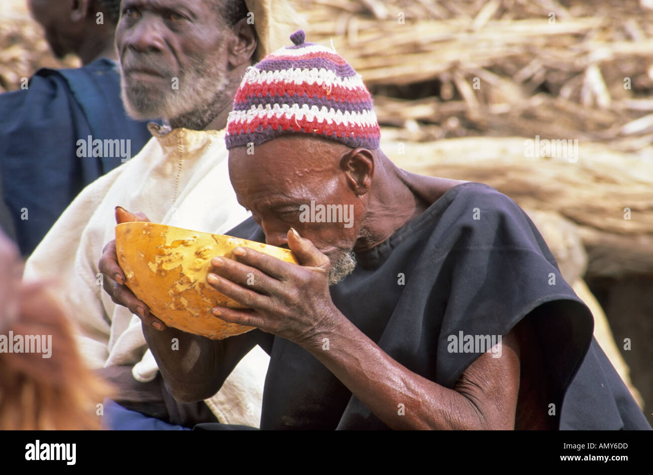Les anciens du village Dogon de boire la bière de mil, Tirelli, Mali Banque D'Images