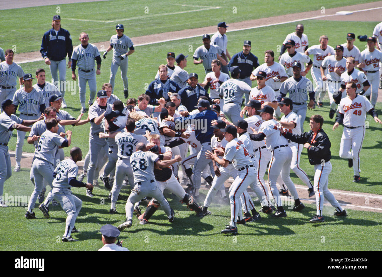 Beanball Baseball brawl Baltimore Orioles contre Seattle Mariners 6 juin 1993 Baltimore Maryland USA Banque D'Images