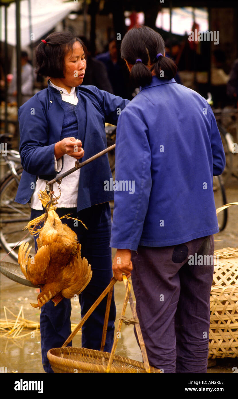 Les femmes dans le marché avec des paniers de Yangshuo village, Guangxi Chine en robe, costume mao traditionnel Banque D'Images