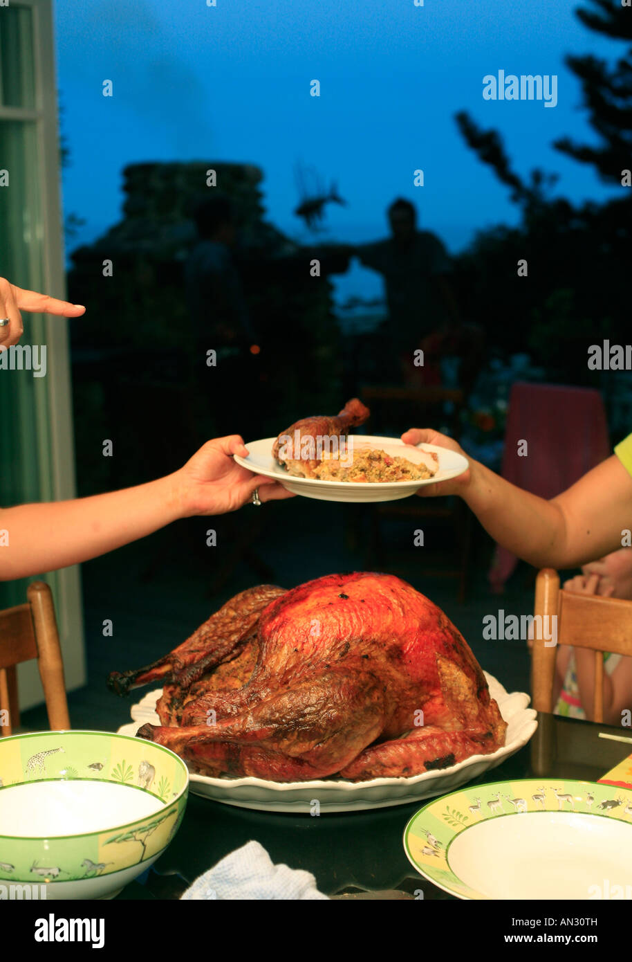 La Turquie et la plaque de la viande constituent la base d'un repas de Thanksgiving Banque D'Images