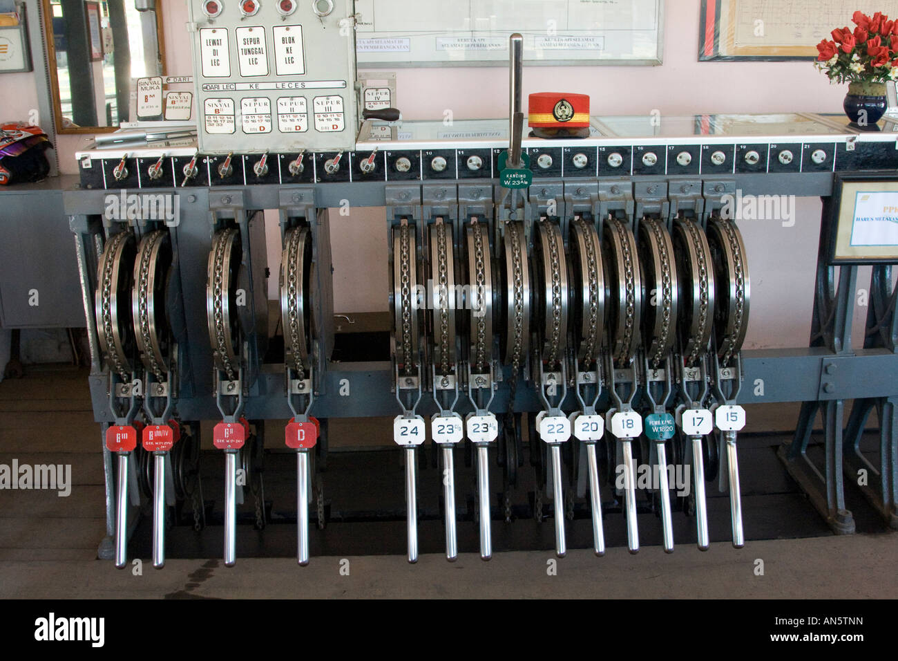 L'Ancienne Gare les leviers de commande de l'interrupteur Probolinggo Indonésie Banque D'Images