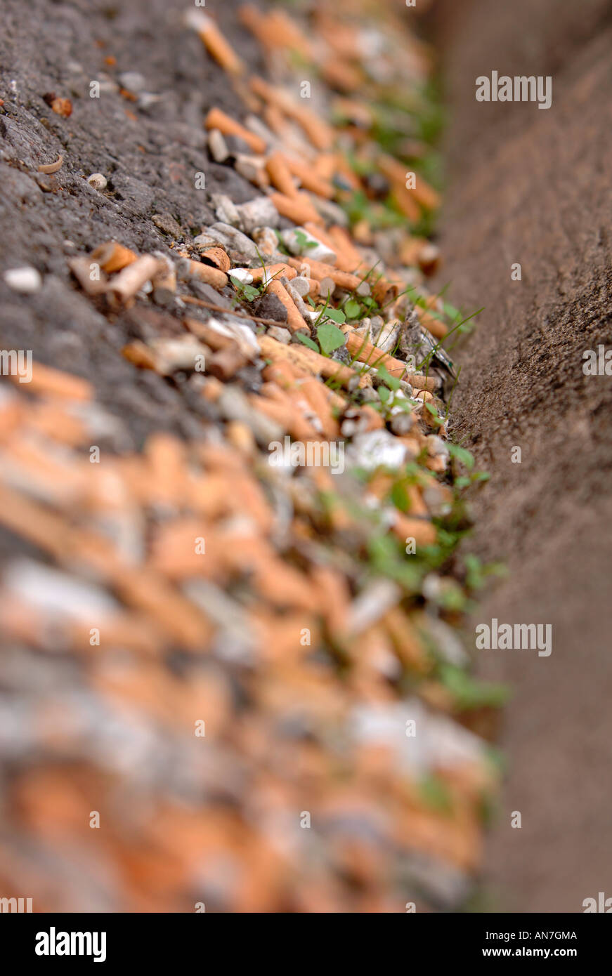 Pas de mégots gisant dans le caniveau DANS UN EMPLACEMENT URBAIN UK Banque D'Images