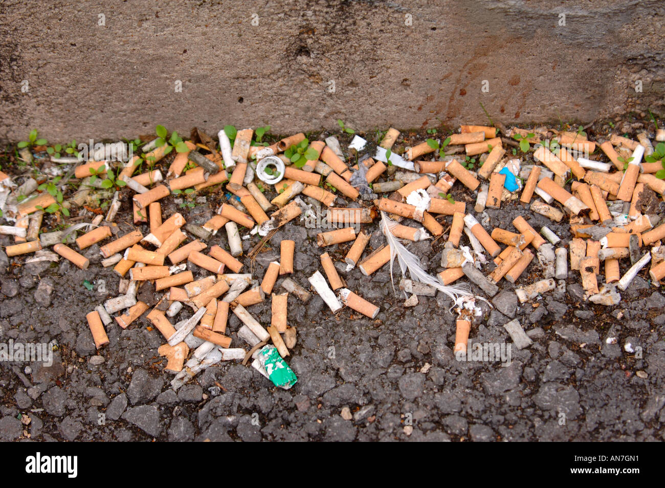 Pas de mégots gisant dans le caniveau DANS UN EMPLACEMENT URBAIN UK Banque D'Images
