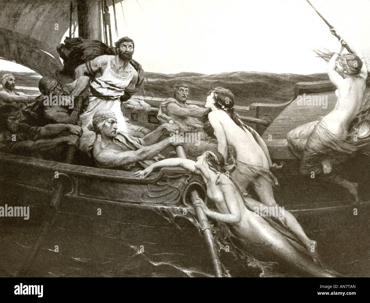 Les Sirènes tentent d'attirer le héros grec Ulysse, lié au mât de son navire, à leur île. Banque D'Images