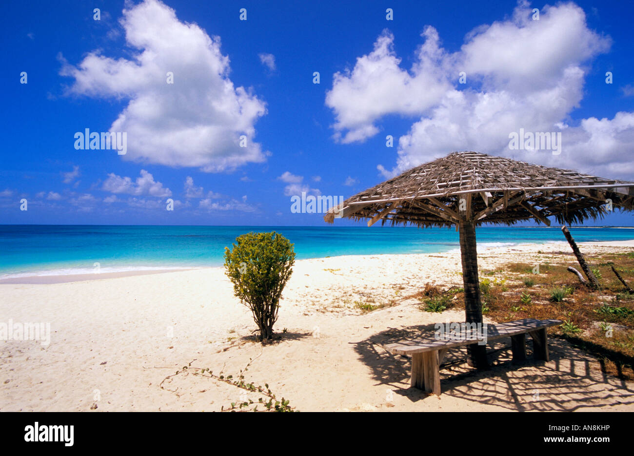 Parasol coco point Beach Barbuda Antigua, Caraïbes Banque D'Images