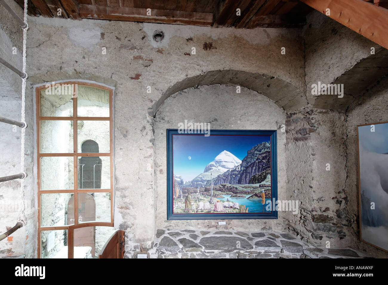 Galerie photos dans la tour, Messner Mountain Museum sur le château Juval au-dessus du Tyrol du Sud, Schnalstal, Italie Banque D'Images