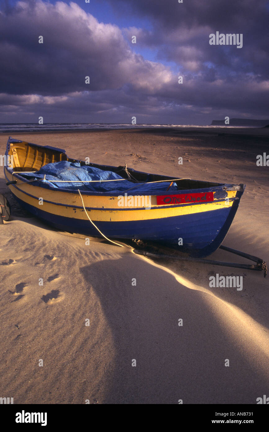 Bateau à rames sur sable avec Stormy Sky Banque D'Images