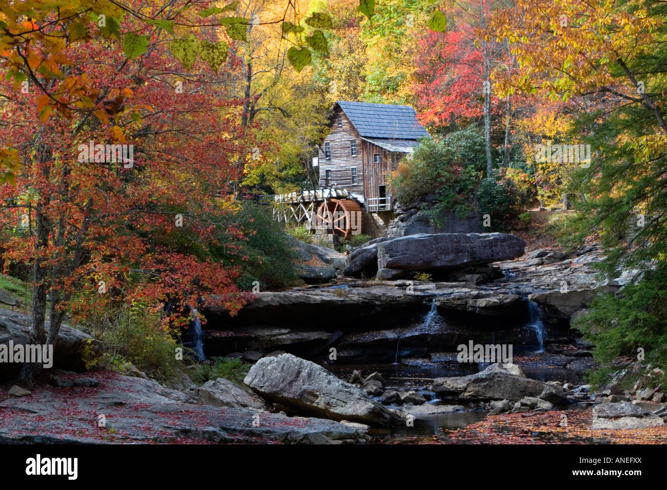 Babcock State Park, West Virginia, USA. Glade Creek Grist Mill entouré par les couleurs de l'automne, feuillage Banque D'Images