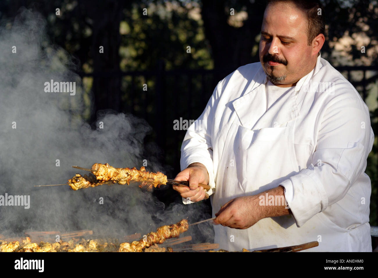 Brochettes de poulet Chef tourne sur un grill Banque D'Images