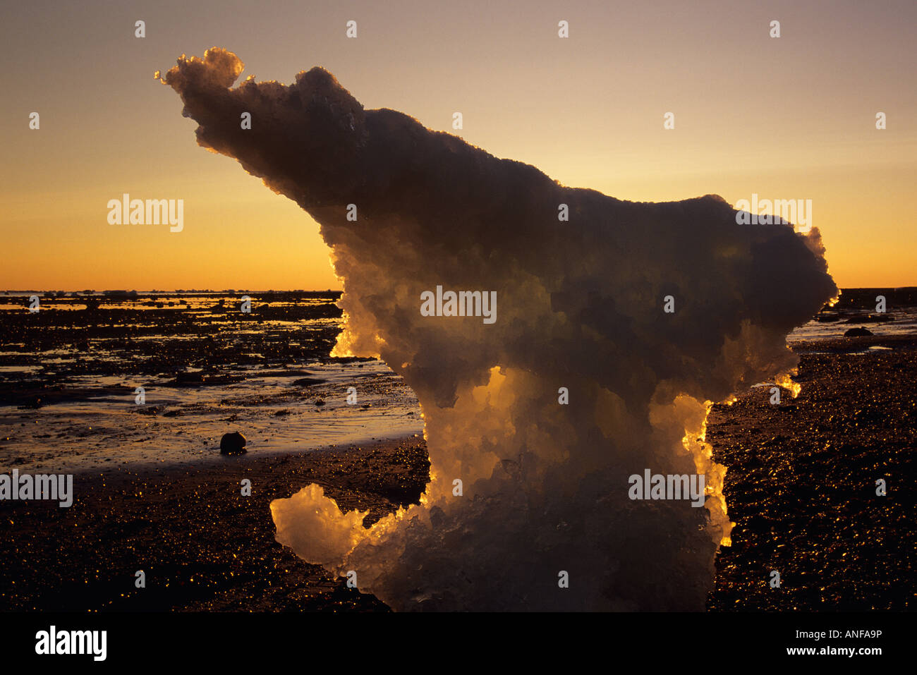 L'écoulement de la glace sur la baie d'hudson au crépuscule, Churchill, Manitoba, Canada. Banque D'Images