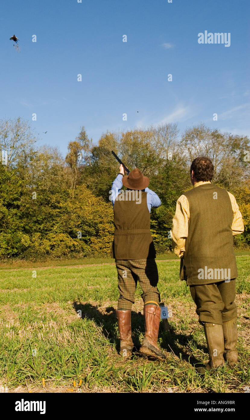 Chasse d’oiseaux sur le domaine de St Calir. Chasseur tirant sur un faisan et le touchant. Chargeur/aide debout derrière. Corhampton Hampshire Angleterre années 2000 Banque D'Images