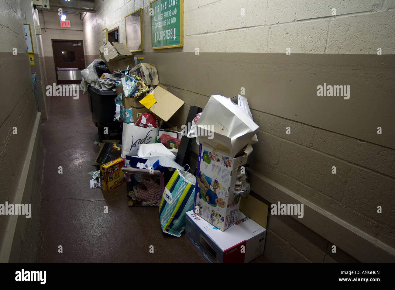Un conteneur rempli de détritus de la Noël se trouve dans le domaine de l'utilitaire d'un immeuble d'appartements à New York Banque D'Images