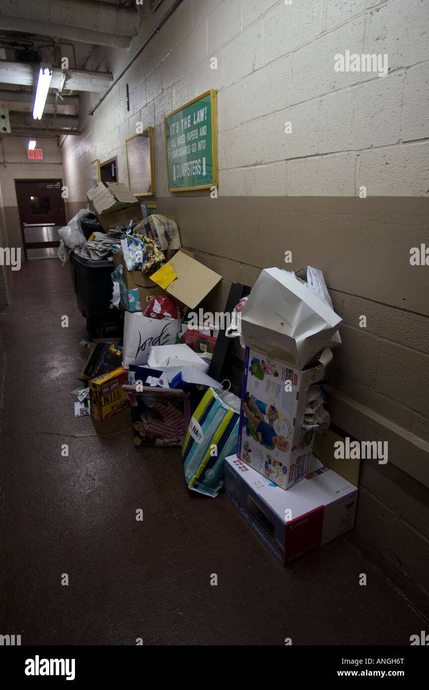 Un conteneur rempli de détritus de la Noël se trouve dans le domaine de l'utilitaire d'un immeuble d'appartements à New York Banque D'Images