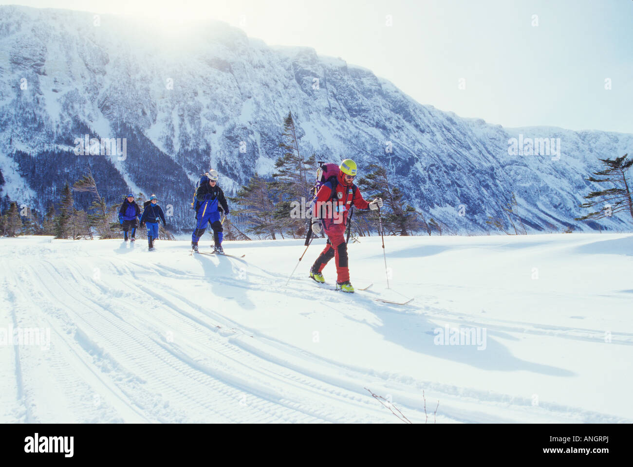 Ski de fond à travers Baker's Brook Pond, le parc national du Gros-Morne, à Terre-Neuve, Canada. Banque D'Images