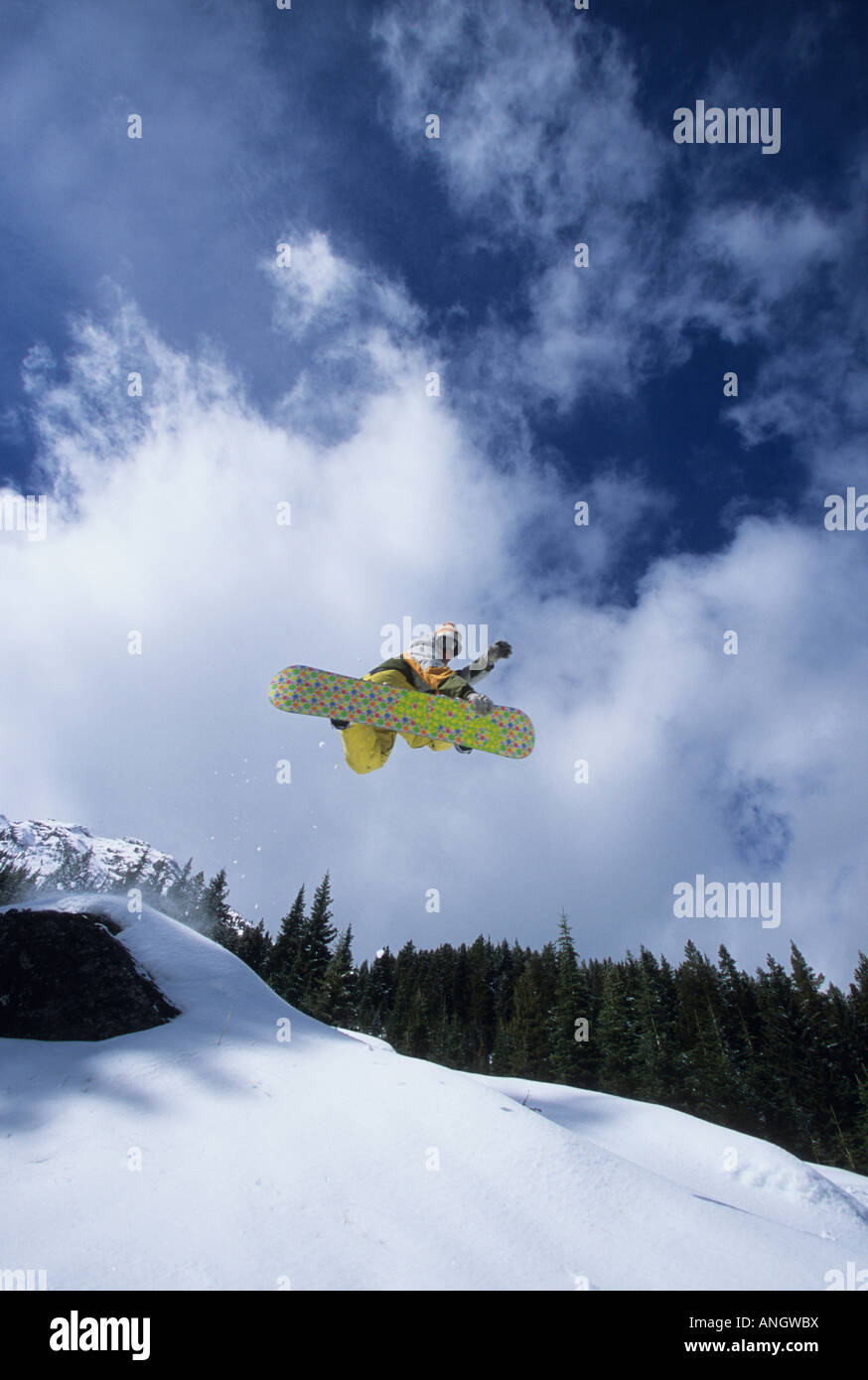 Un snowboardfree à cheval sur le mont Norquay Resort dans le parc national de Banff, Alberta, Canada. Banque D'Images