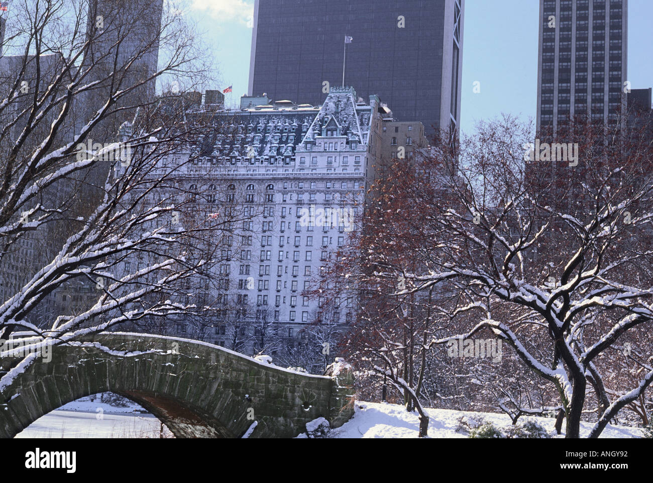 Plaza Hotel face à New York parc central neige paysage sur Central Park South. Gratte-ciel et pont Gapstow. ÉTATS-UNIS Banque D'Images