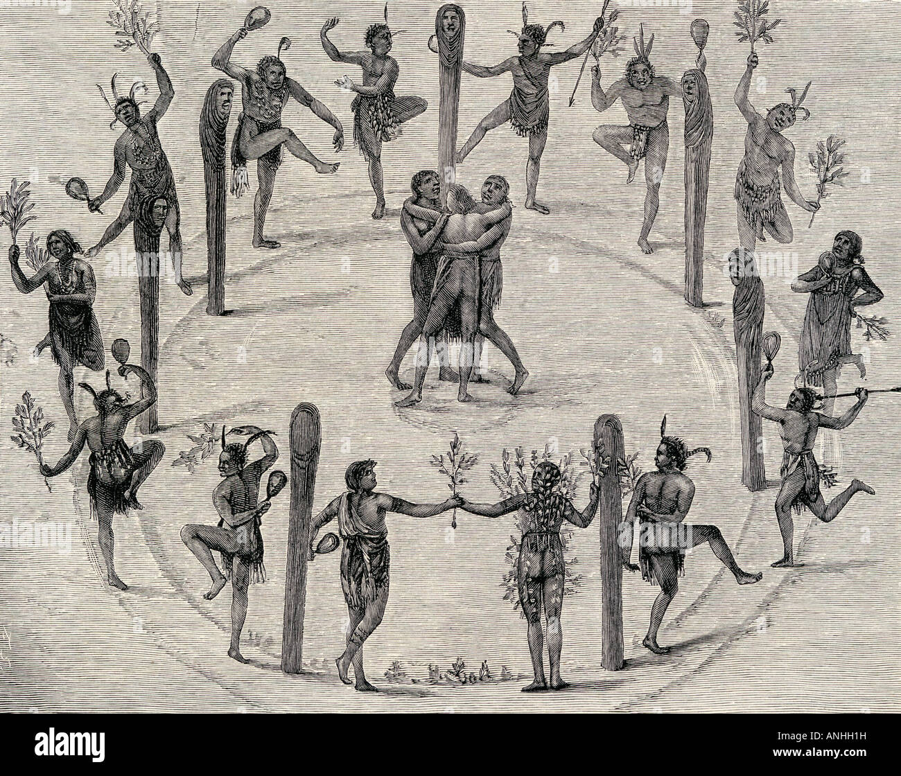 Une danse des Indiens de Caroline à Roanoke. Gravure du dessin original de John White. Banque D'Images