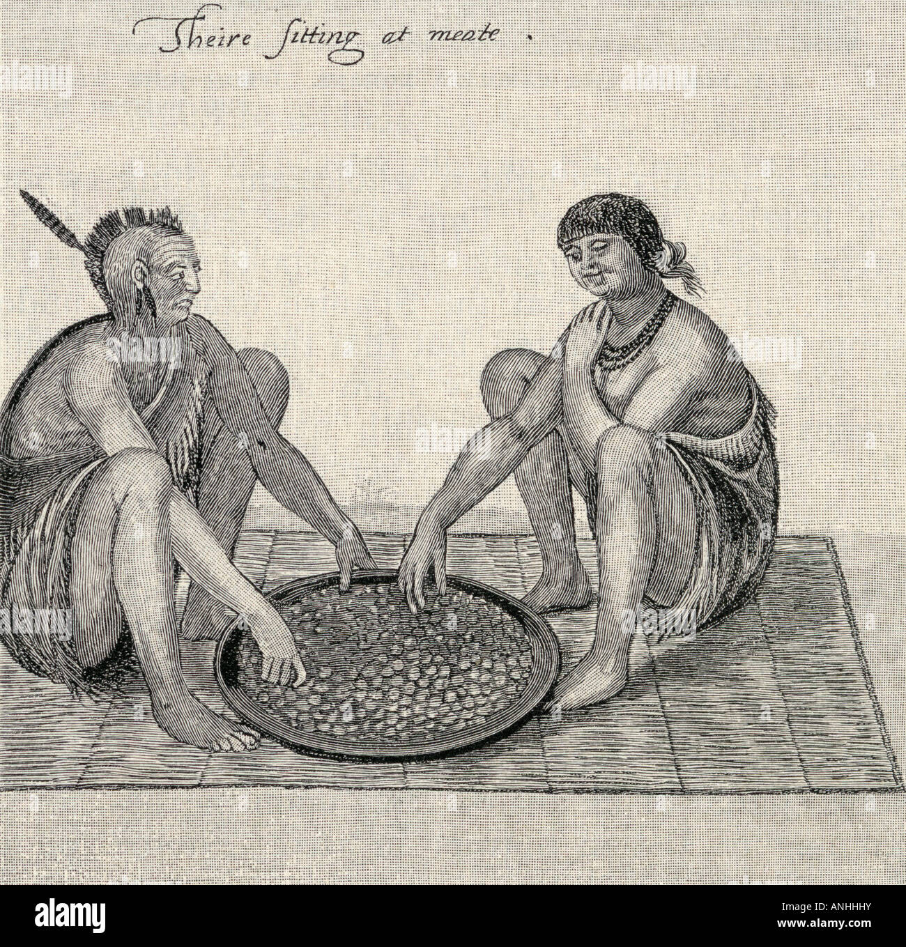 Ils sont assis à Meat. Gravure du dessin original réalisé dans la colonie de Raleigh en 1585 par John White, c. 1539 – c.1593. Banque D'Images