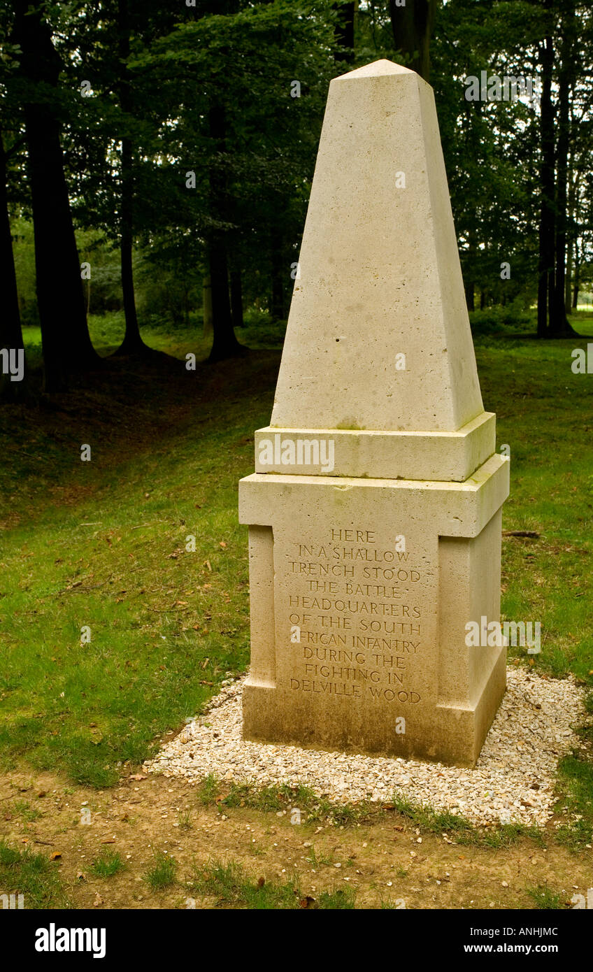 Obélisque commémorant les soldats sud-africains qui se sont battus dans le bois Delville dans la somme près de Longueval France Banque D'Images