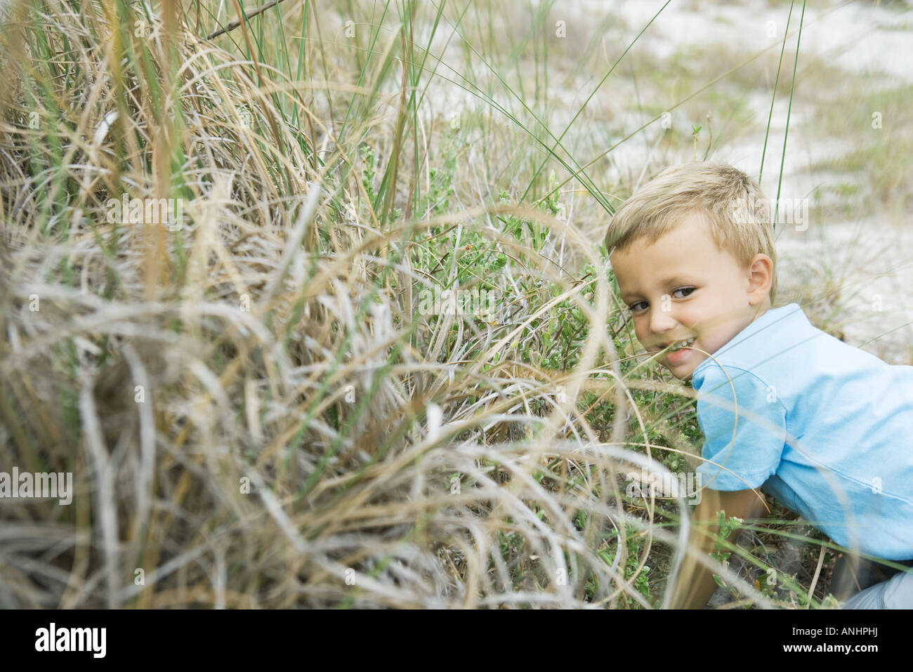 Jeune garçon accroupi dans l'herbe haute, à l'écart Banque D'Images