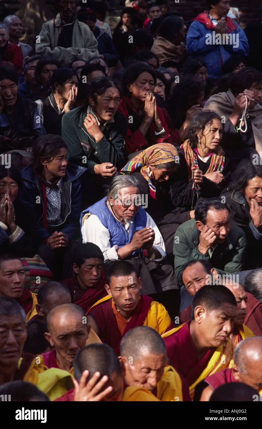 Pèlerins du Tibet et moines dans une puja au temple de Mahhabbodhi pendant le festival de Kalachakra, une occasion importante dans leur vie.Bodh Gaya, Inde Banque D'Images