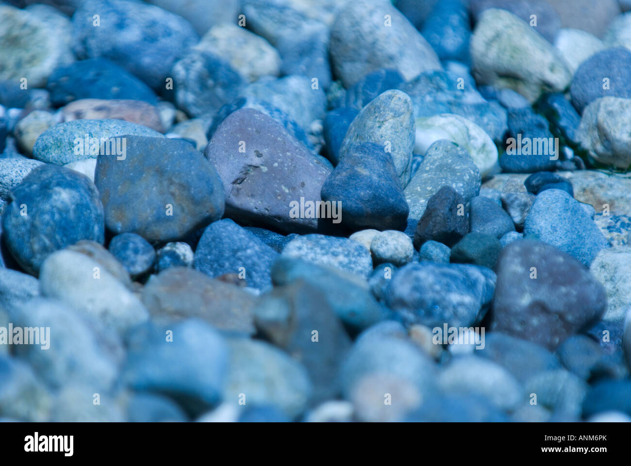 Les petits cailloux le long de la rive en lumière bleue Banque D'Images