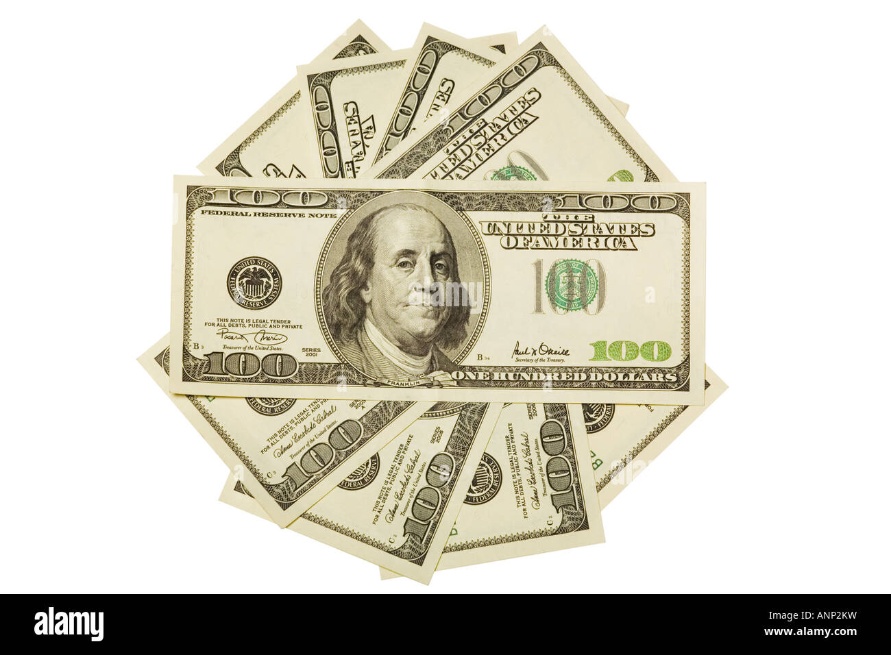 One hundred dollar bills isolé sur fond blanc Banque D'Images