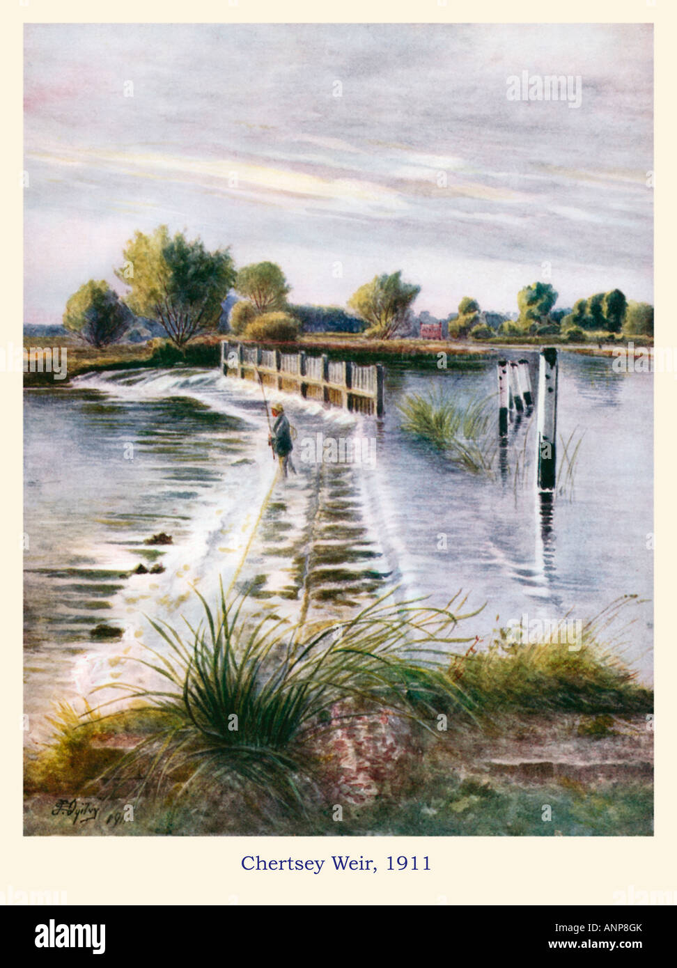 Chertsey Weir 1911 aquarelle d'un pêcheur sur le barrage sur la Tamise à Chertsey dans le Surrey Banque D'Images