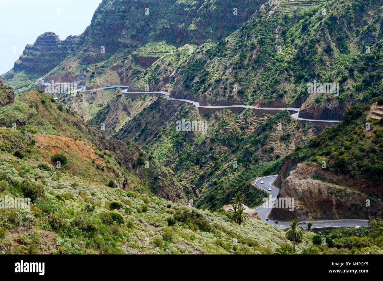 La Gomera, Îles Canaries. Est dans le Barranco de las Rosas sur la côte nord de l'île. Voitures Motos sur nouvelle route côtière Banque D'Images