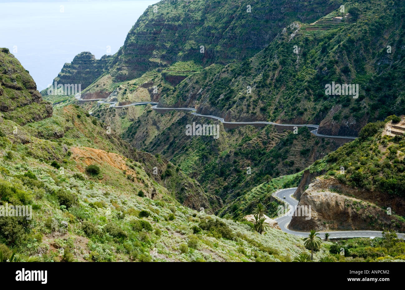 La Gomera, Îles Canaries. Est dans le Barranco de las Rosas sur la côte nord de l'île. Voitures Motos sur nouvelle route côtière Banque D'Images