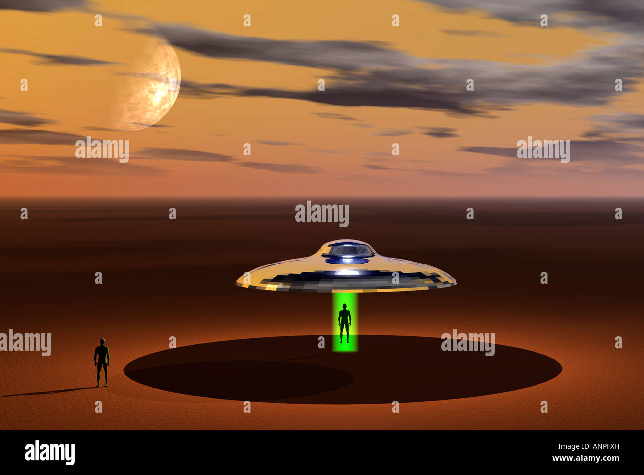 Une image 3D, représentant une soucoupe volante désactiver Chargement ses passagers dans un environnement désertique. Banque D'Images